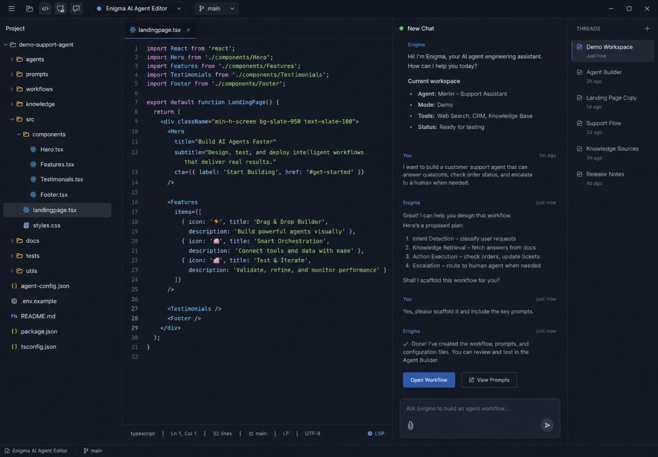 Enigma AI Agent Editor showing code, a project tree, and a conversational agent builder